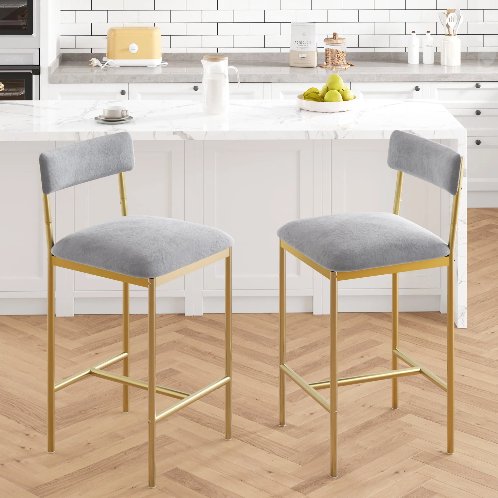 Upholstered Bar Stools with Backrest, Set of 2